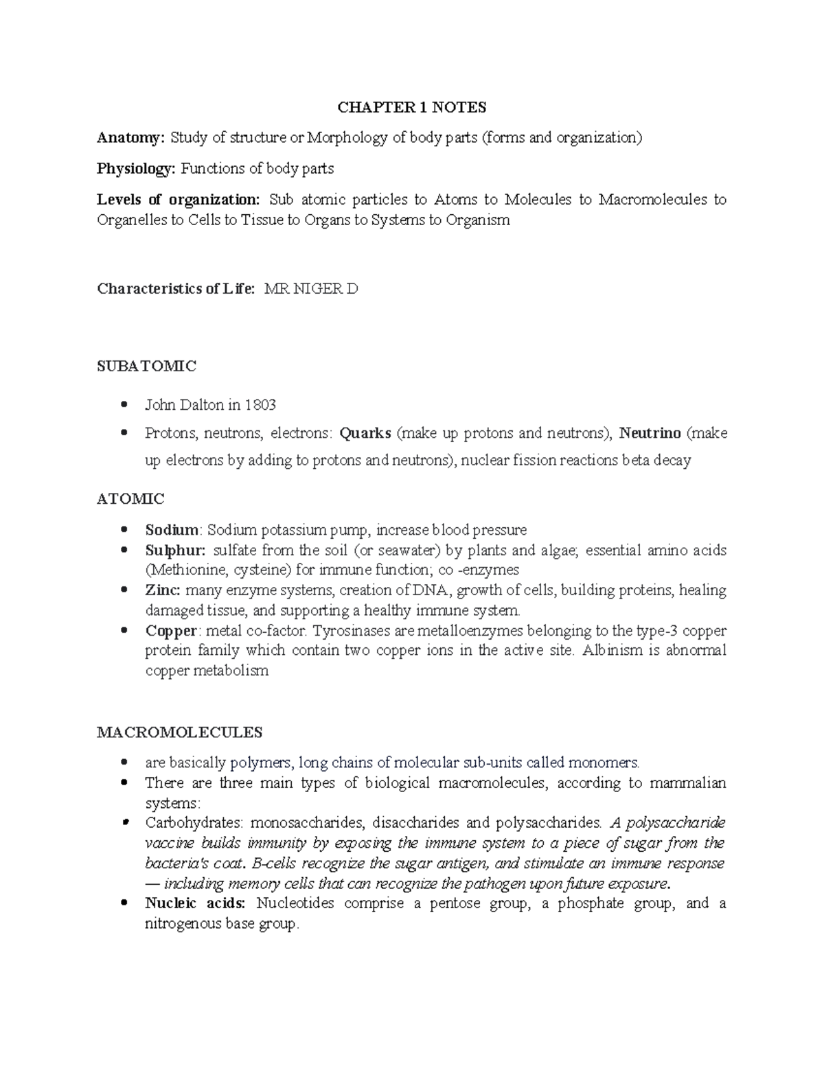 CHAPTER 1 NOTES: Anatomy & Physiology of Body Structures - Studocu