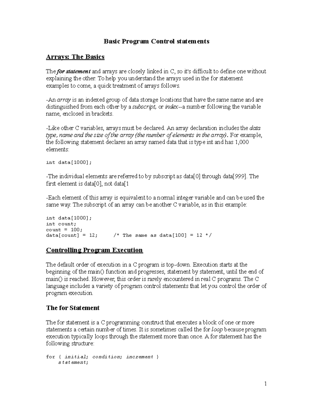 C Programming Control: Basics of Control Statements & Arrays - Studocu