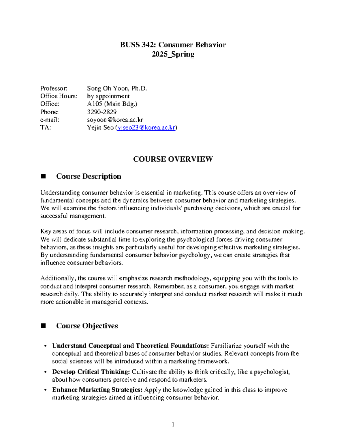 BUSS 342: Consumer Behavior Syllabus - Spring 2025 Overview - Studocu