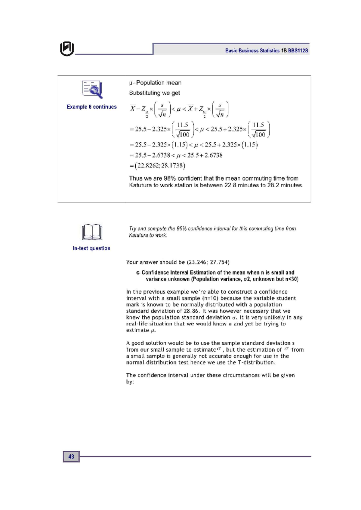 Confidence Intervals in Basic Business Statistics 1B BBS112S - Studocu