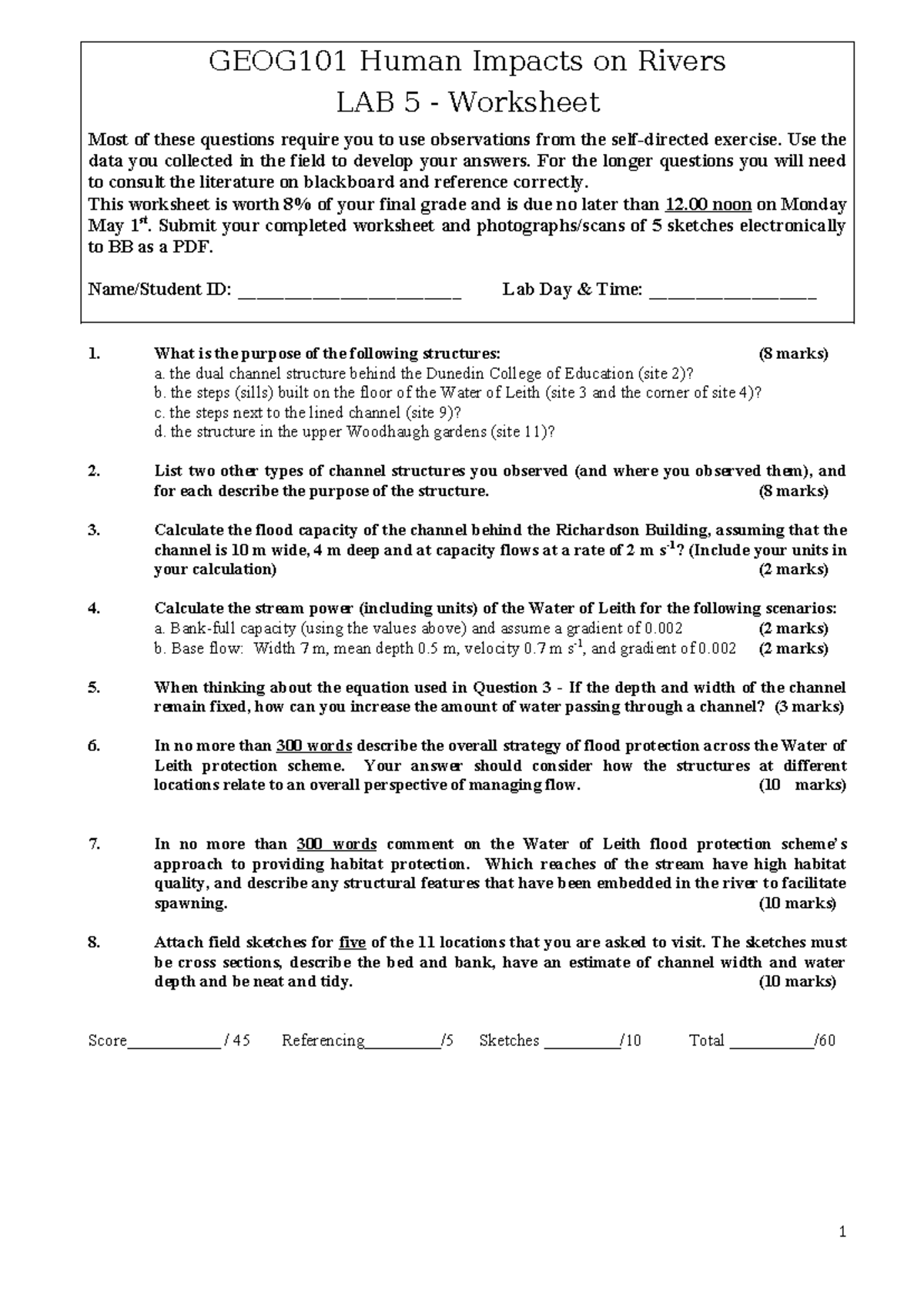GEOG101 Human Impacts on Rivers LAB 5 Worksheet 2023 - Studocu