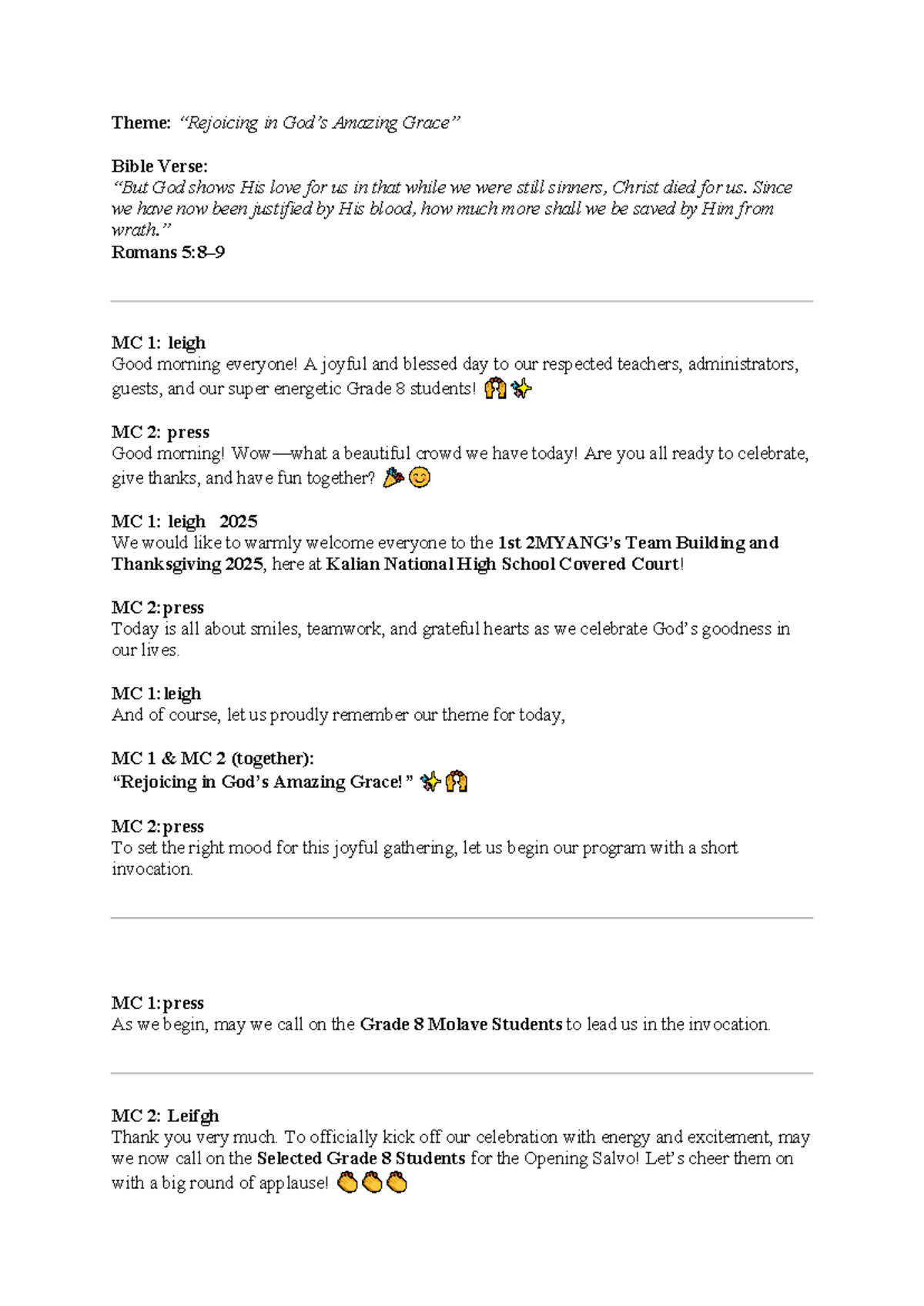 Grade 8 Team Building & Thanksgiving 2025 Script: 