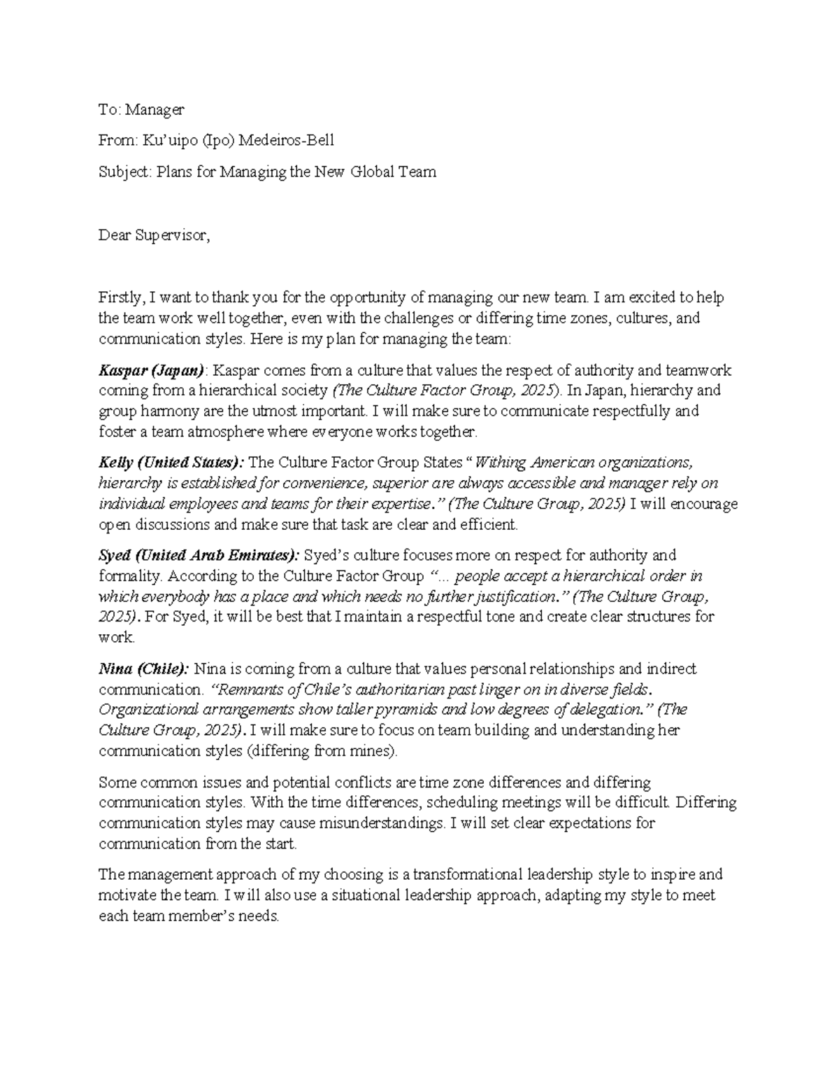 Manager Email - To: Manager From: Ku’uipo (Ipo) Medeiros-Bell Subject ...