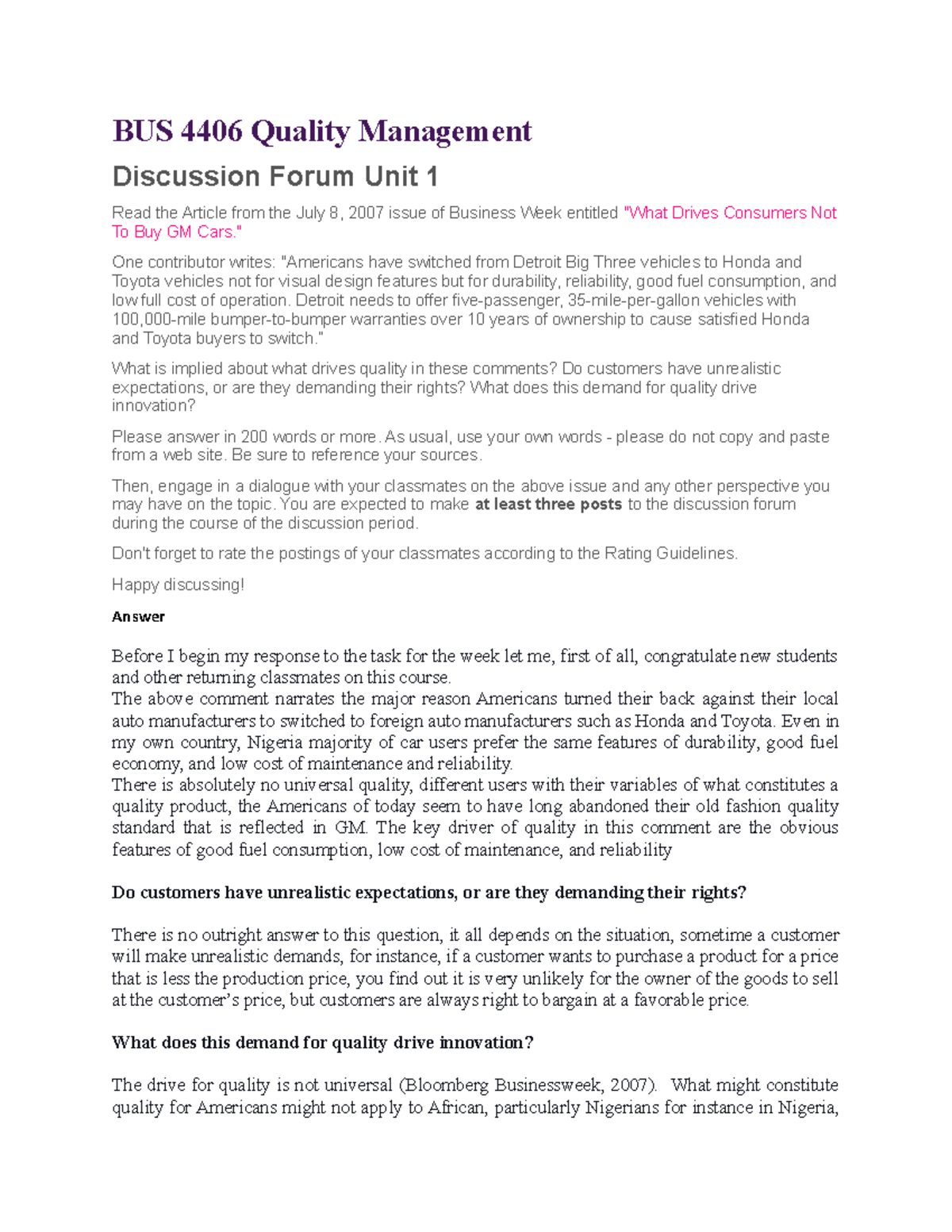 BUS 4406 Quality Management Discussion Forum - Unit 1 Insights - Studocu