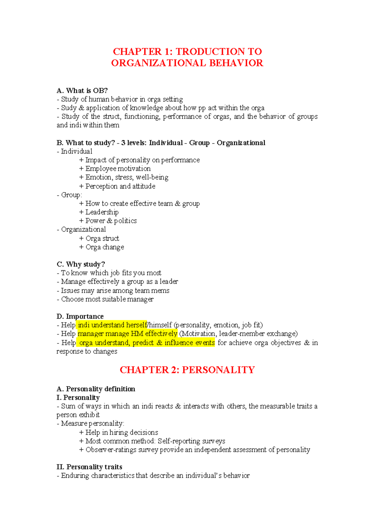 OB - Notes - CHAPTER 1: TRODUCTION TO ORGANIZATIONAL BEHAVIOR A. What ...