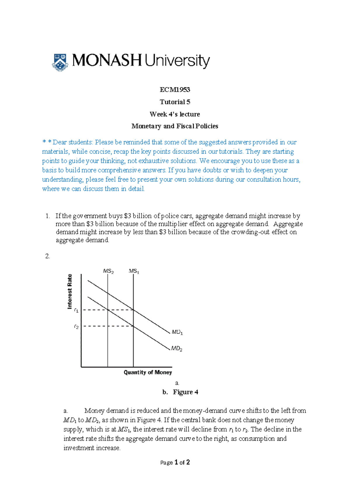 ECM1953 Tutorial 5: Monetary & Fiscal Policies Overview - Studocu