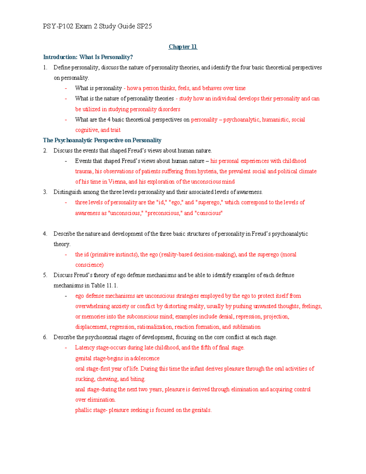 PSY-P102 Exam 2 Study Guide: Personality Theories and Concepts SP25 ...