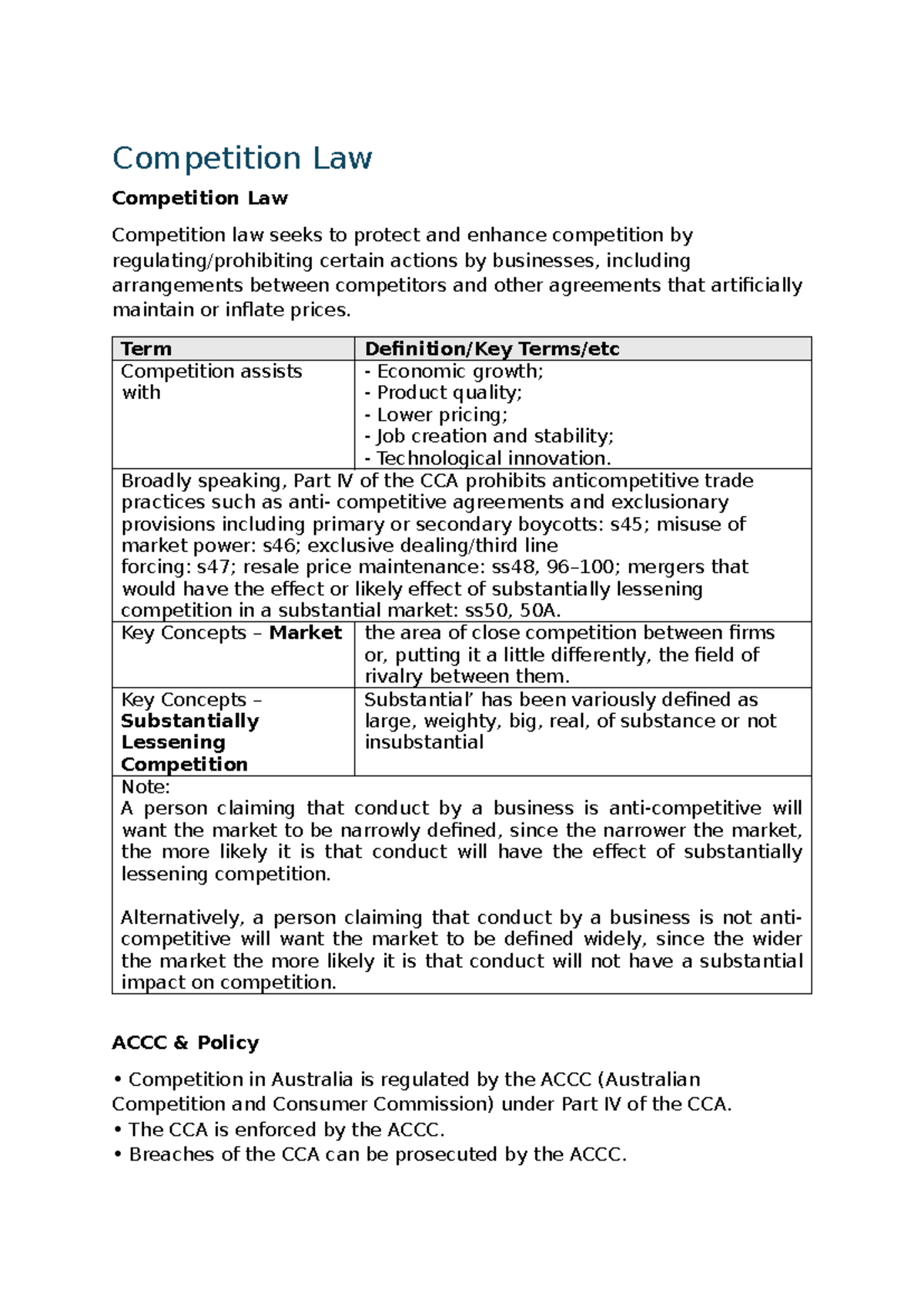 Competition Law (LAW101) Summary Notes: Key Concepts and Prohibitions ...