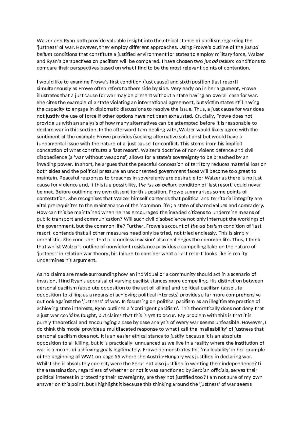 Reading Report 5 - Frowe, Ryan, Walzer - Walzer and Ryan both provide ...