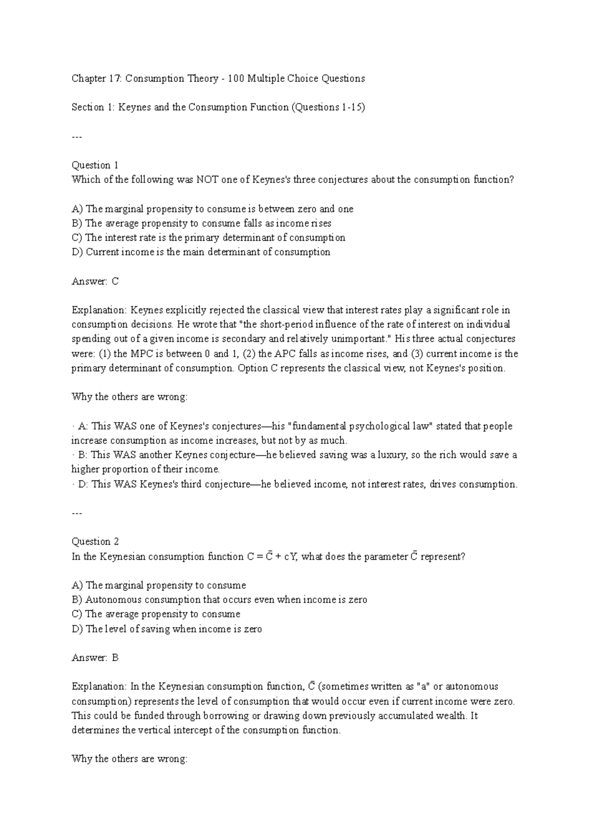 Chapter 17: Consumption Theory - 100 MCQs on Keynesian Insights - Studocu