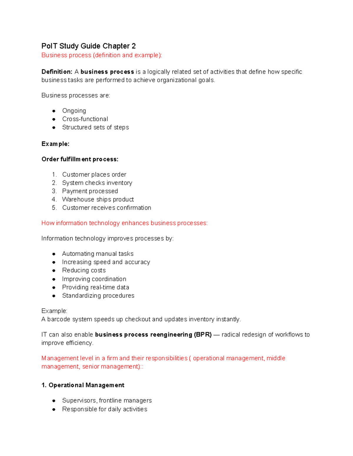 PoIT Study Guide Chapter 2: Business Processes and IT - Studocu