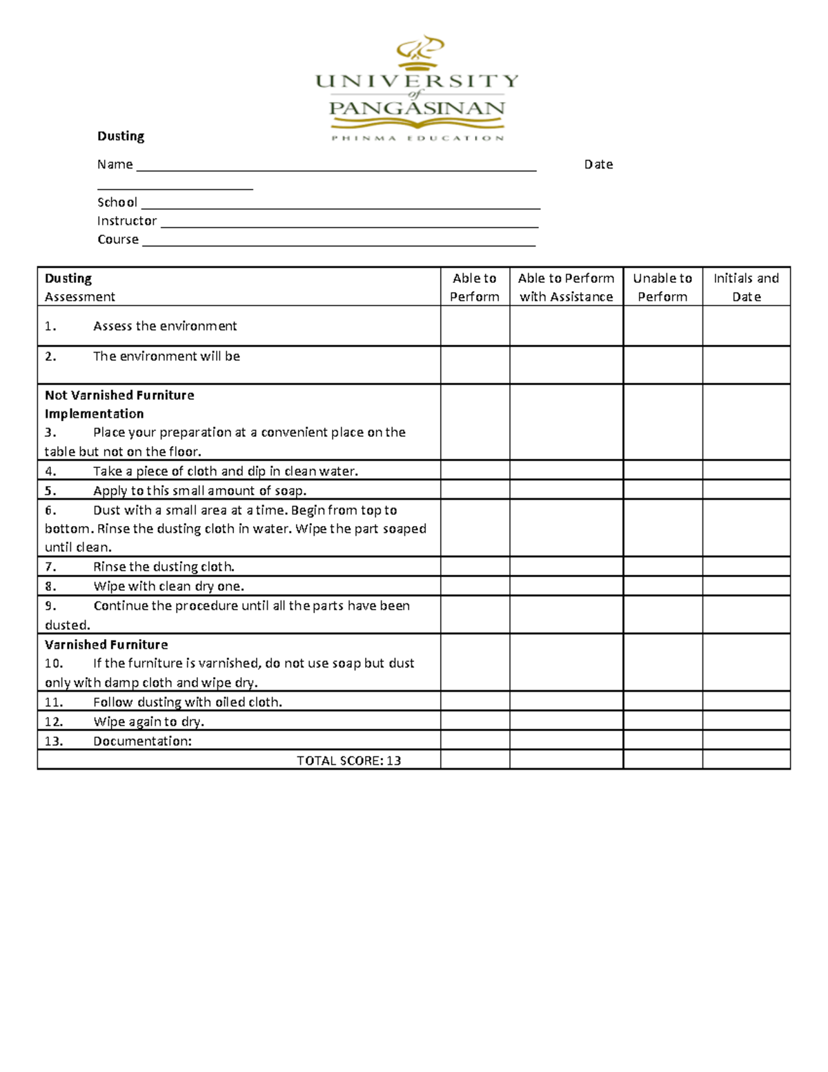 Dusting Checklist for Assessment and Implementation Guide - Studocu