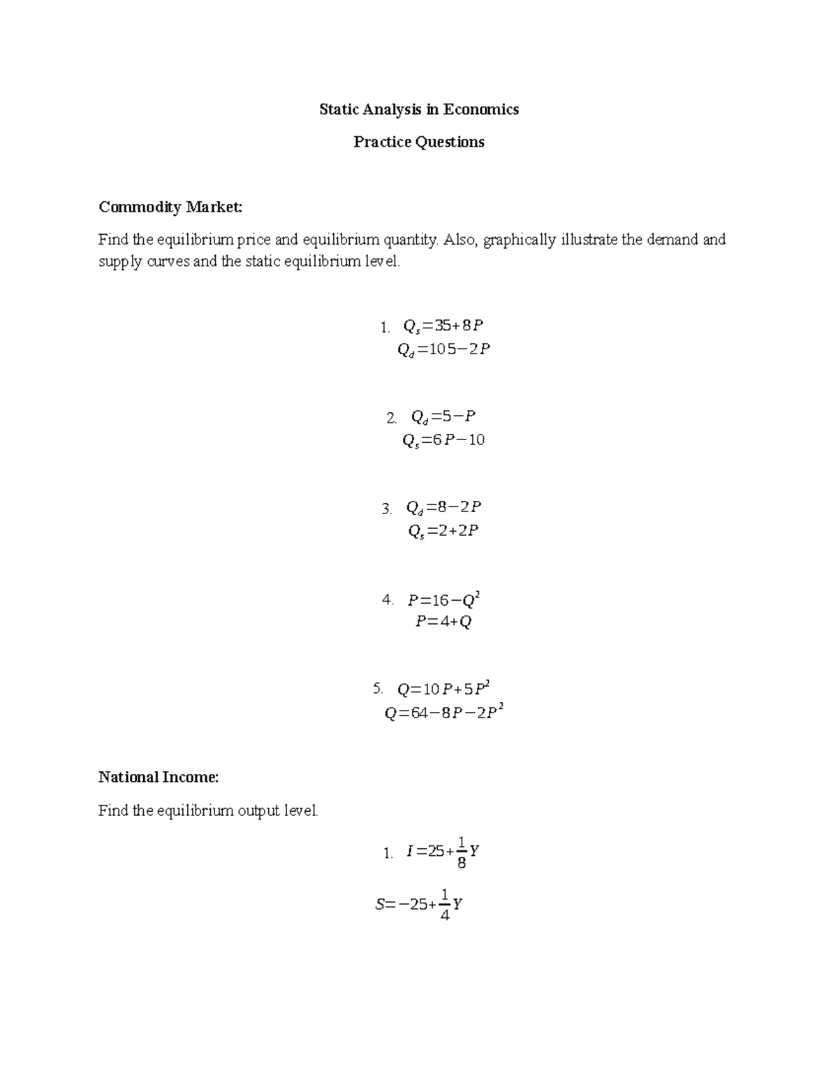 Static Analysis in Economics Quiz 2: Equilibrium Price & Quantity - Studocu