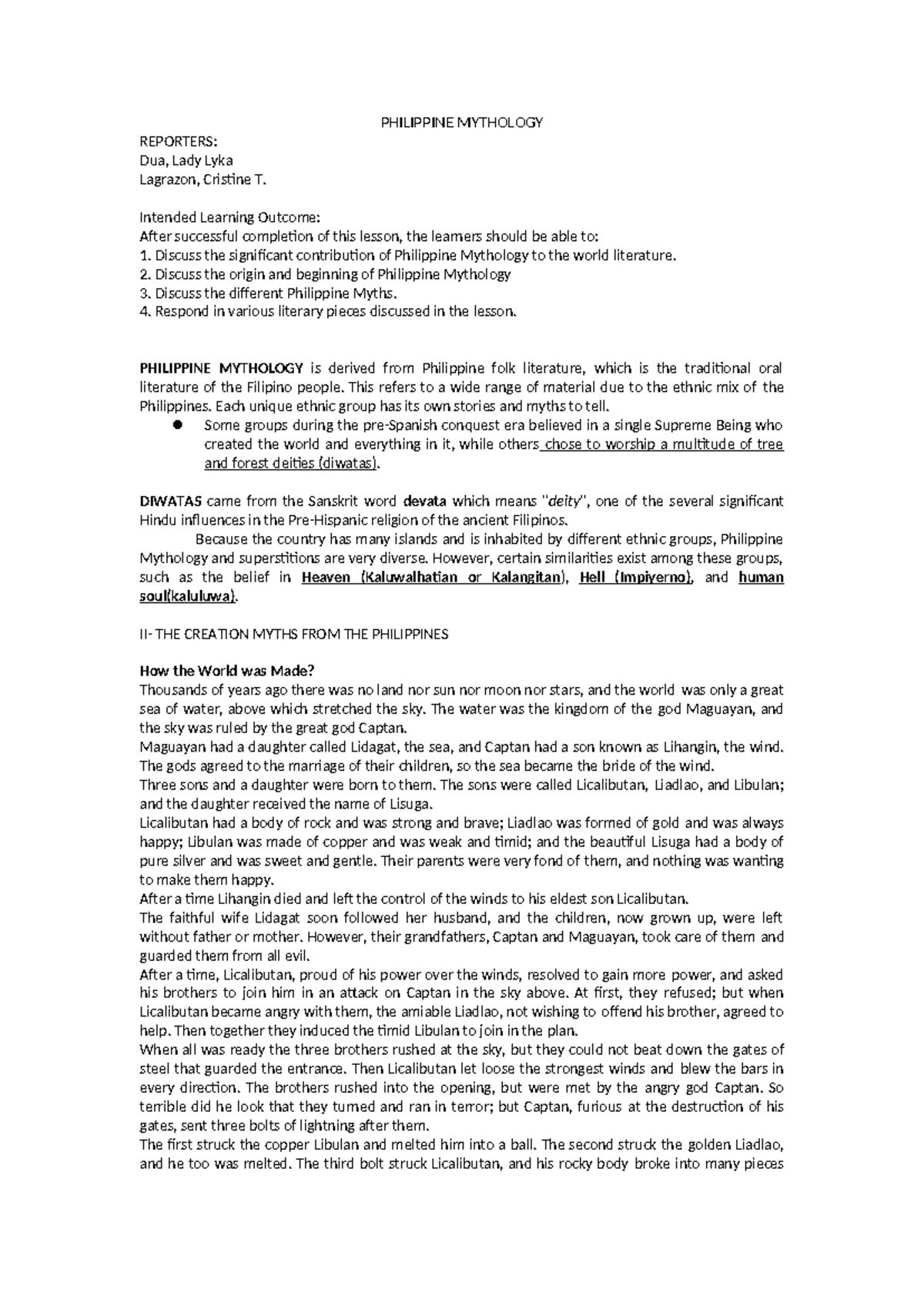 Philippine Mythology Report: Origins, Deities, and Creation Myths - Studocu