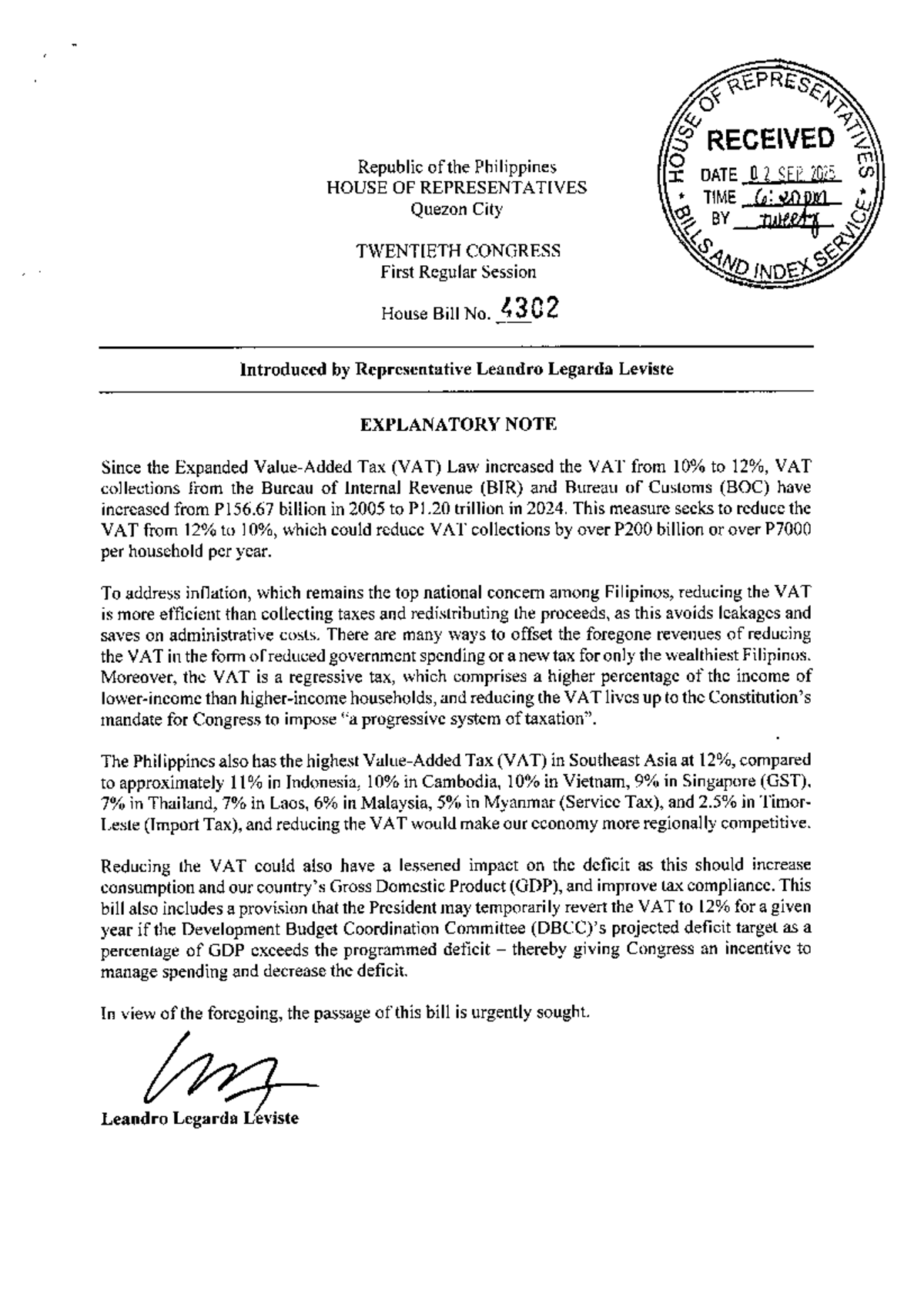 HB04302: VAT Reduction Act - A Proposal to Lower Tax Rate to 10% - Studocu