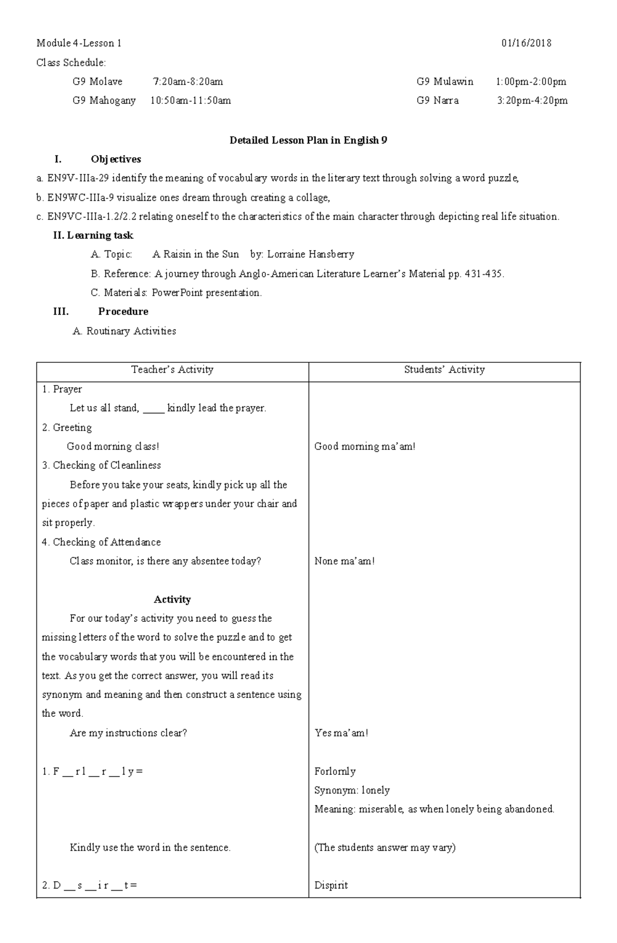 438513980 A Raisin in the Sun Detailed Lesson Plan G9 - Studocu
