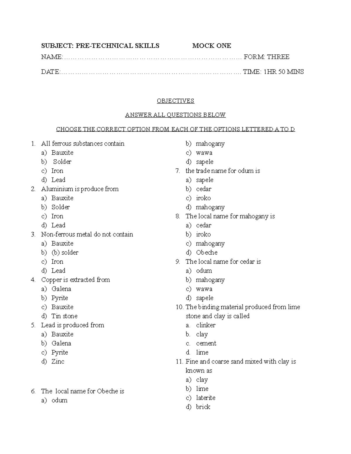 Basic Design & Tech Mock Questions for Form Three (Pre-Tech Skills ...
