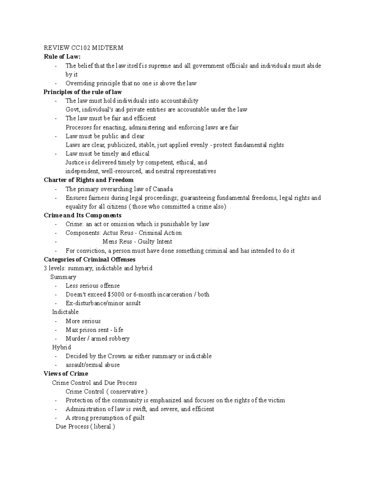 Midterm Review CC102 - REVIEW CC102 MIDTERM Rule of Law: - The belief ...