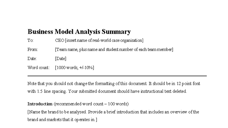 Business Model Analysis Summary for CEO - Case Study Template - Studocu
