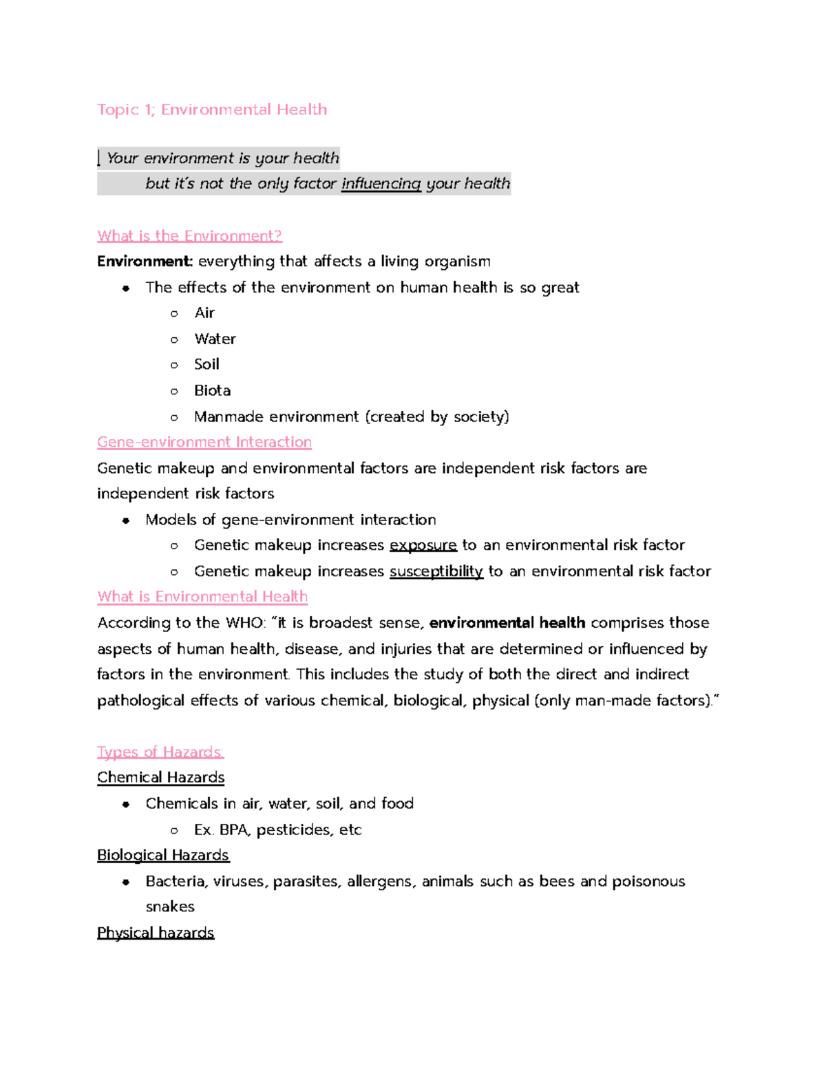 EESA Example Notes - Topic 1; Environmental Health | Your environment ...
