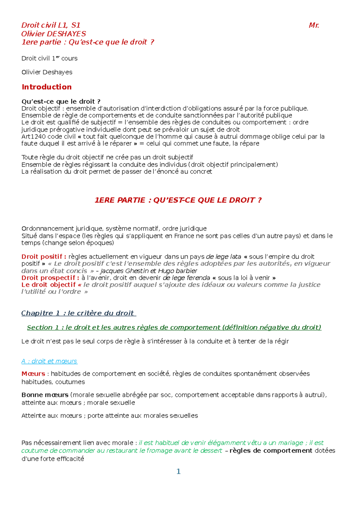 Droit civil L1, S1 - Cours 1 : Introduction au Droit et Concepts Clés ...