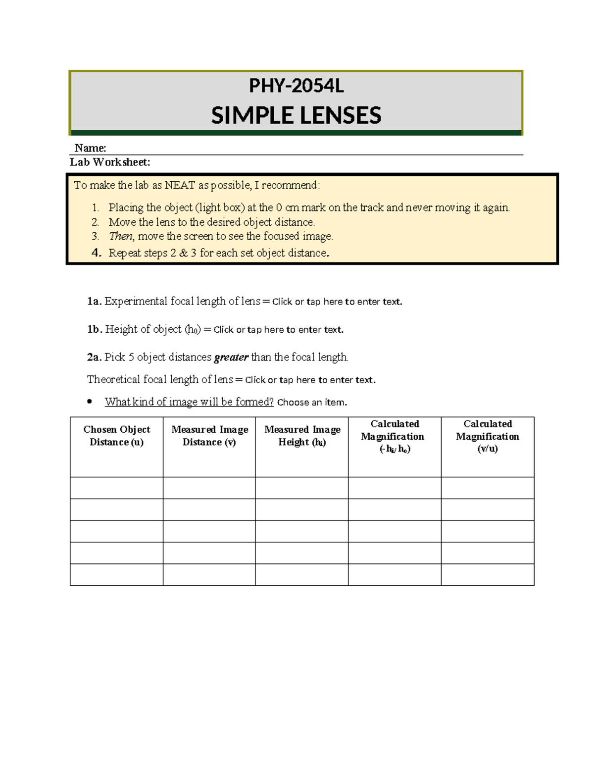 SIMPLE LENSES LAB WORKSHEET: EXPERIMENTAL FOCAL LENGTH - Studocu