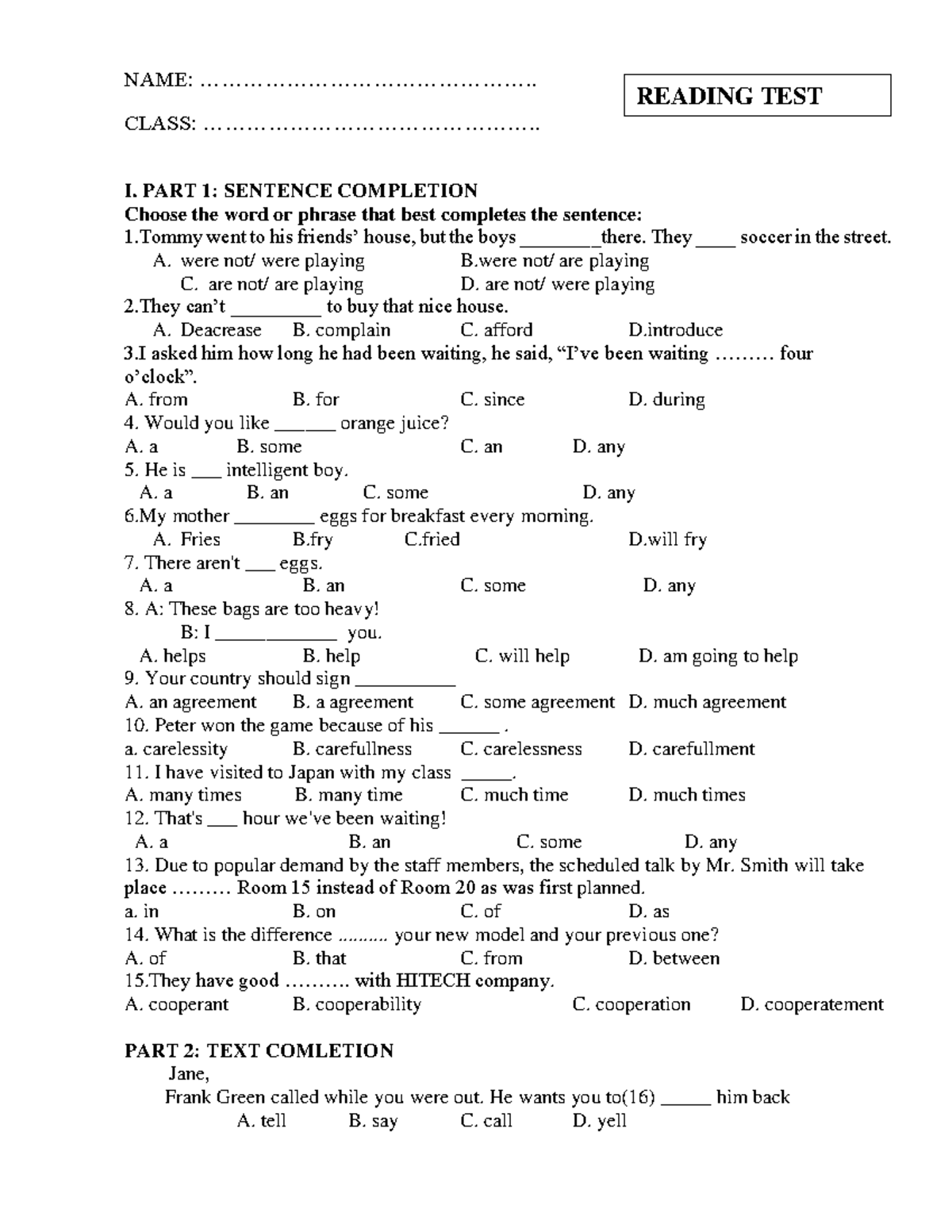 Reading Test: Sentence & Text Completion Practice - Studocu