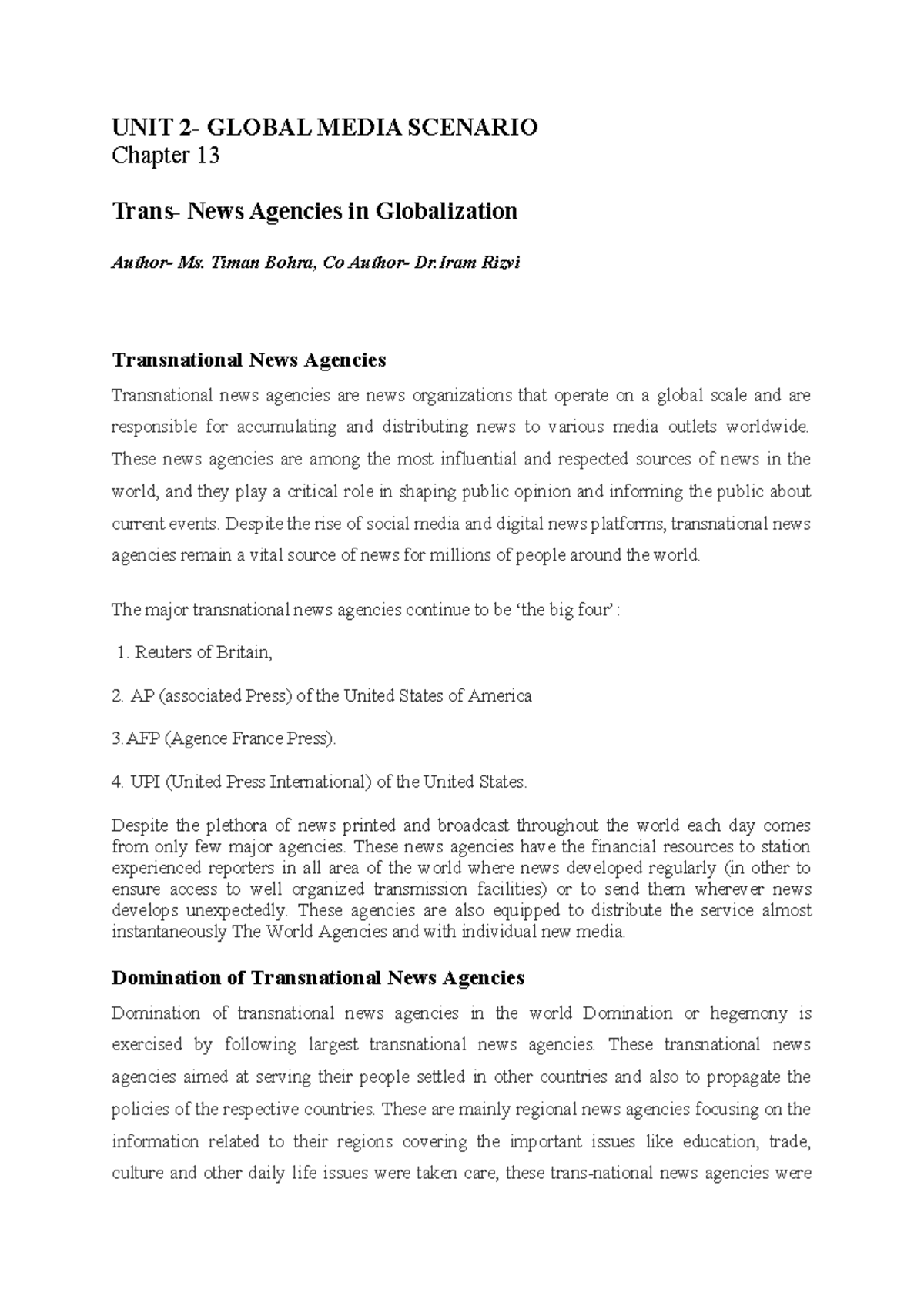 Transnational News Agencies: Insights on Global Media Dynamics - Studocu