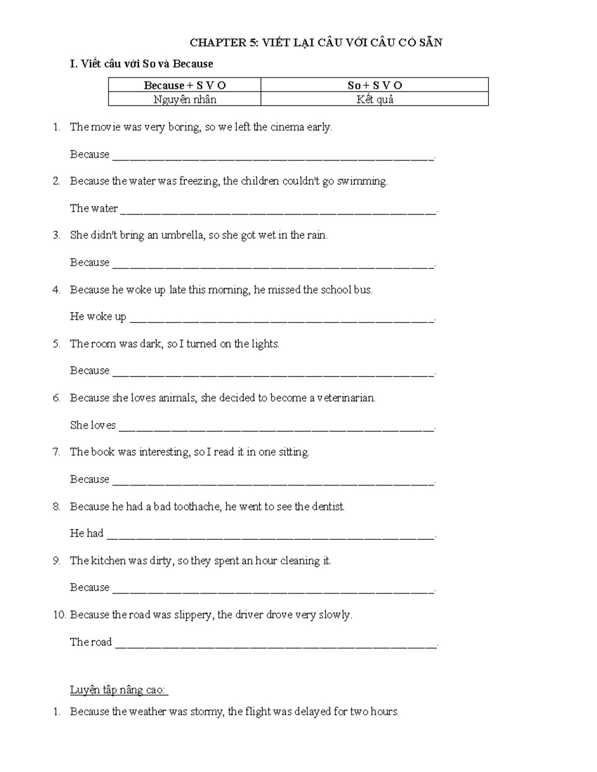 CHAPTER 5: VIẾT LẠI CÂU VỚI CÂU CÓ SẴN - Câu Điều Ước & Tường Thuật ...