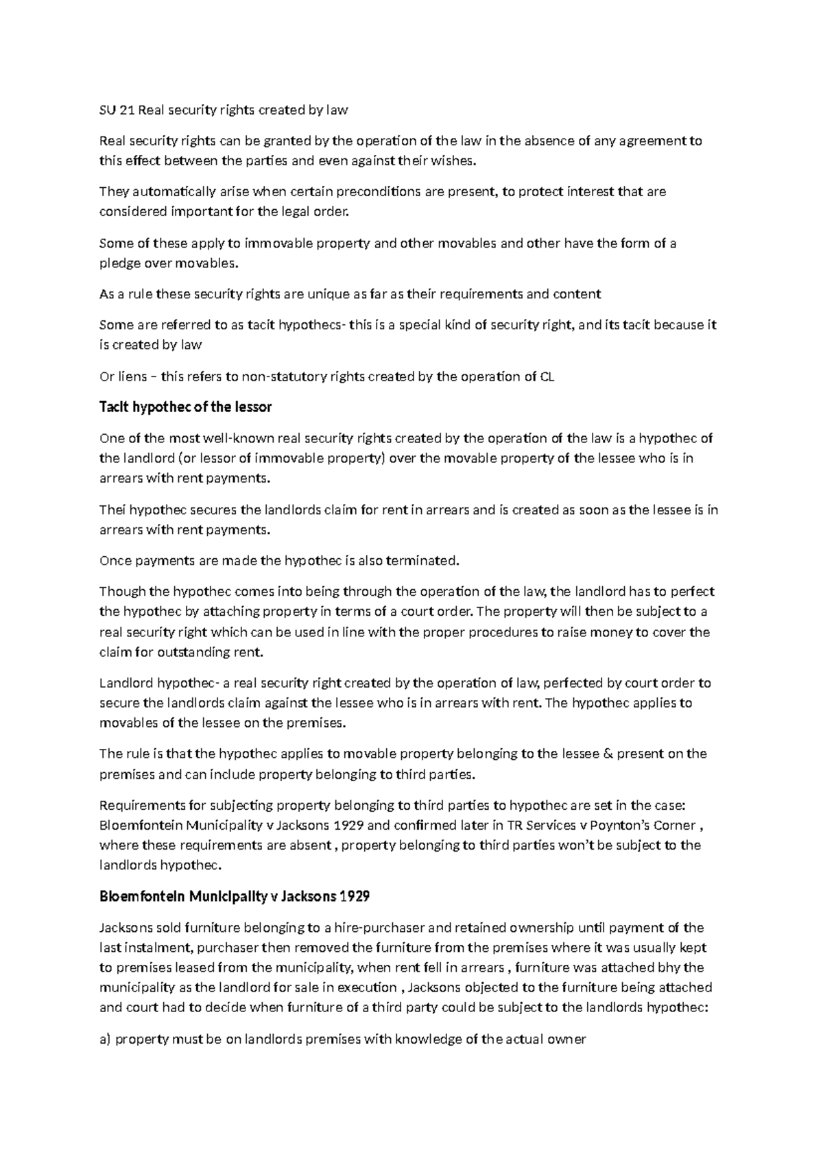 SU 21 - IURI 272 Real Security Rights: Operation of Law and Liens - Studocu
