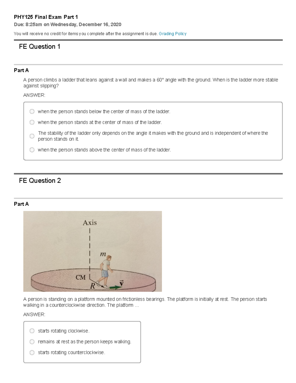 PHY125 F22 Practice Final Exam Questions and Answers Part 1 - Studocu