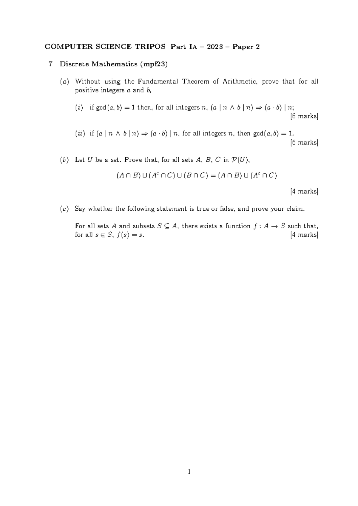 Discrete Mathematics - Computer Science Tripos Part IA - 2023 - Studocu