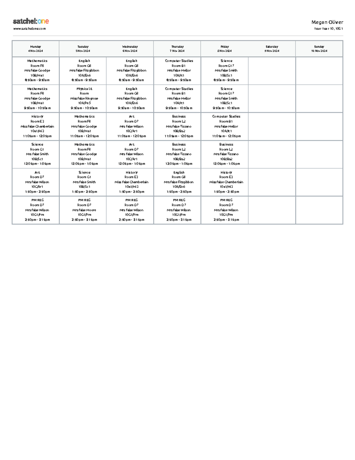 Weekly Class Schedule for Year 10 (10G1) - November 2024 - satchelone ...