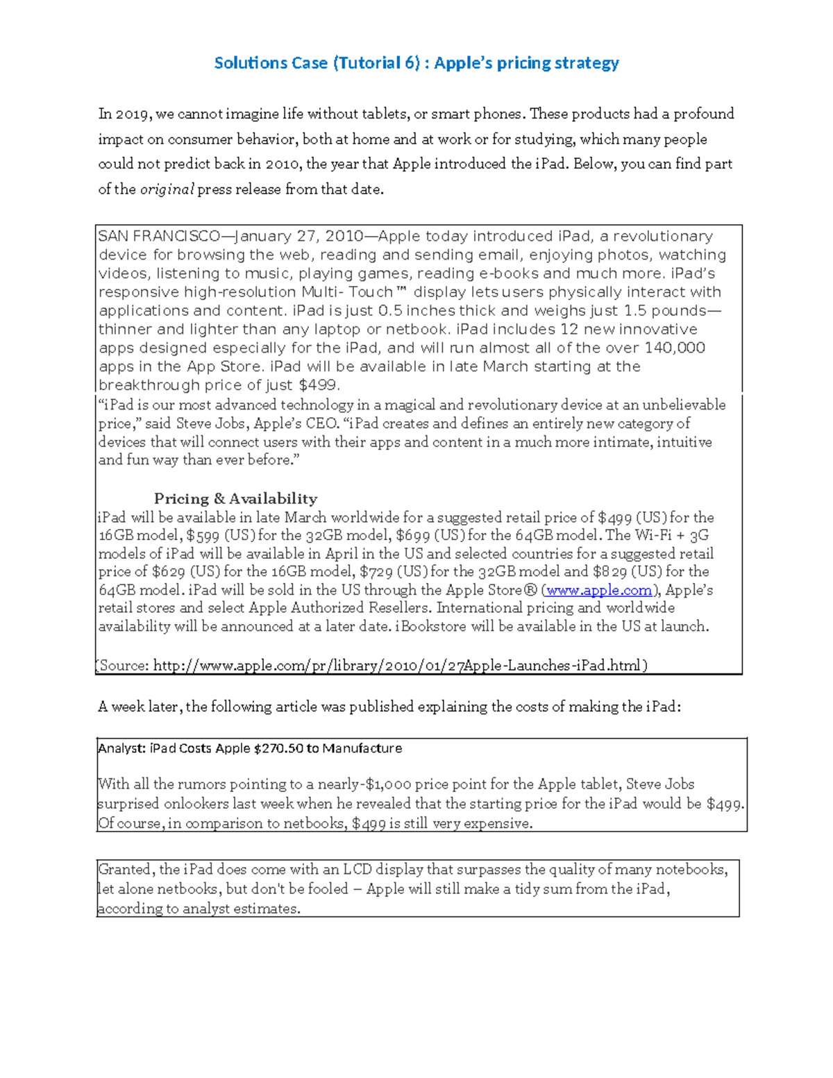 IMB 6 - Tutorial 6: Pricing Strategy Analysis for iPad - Studeersnel