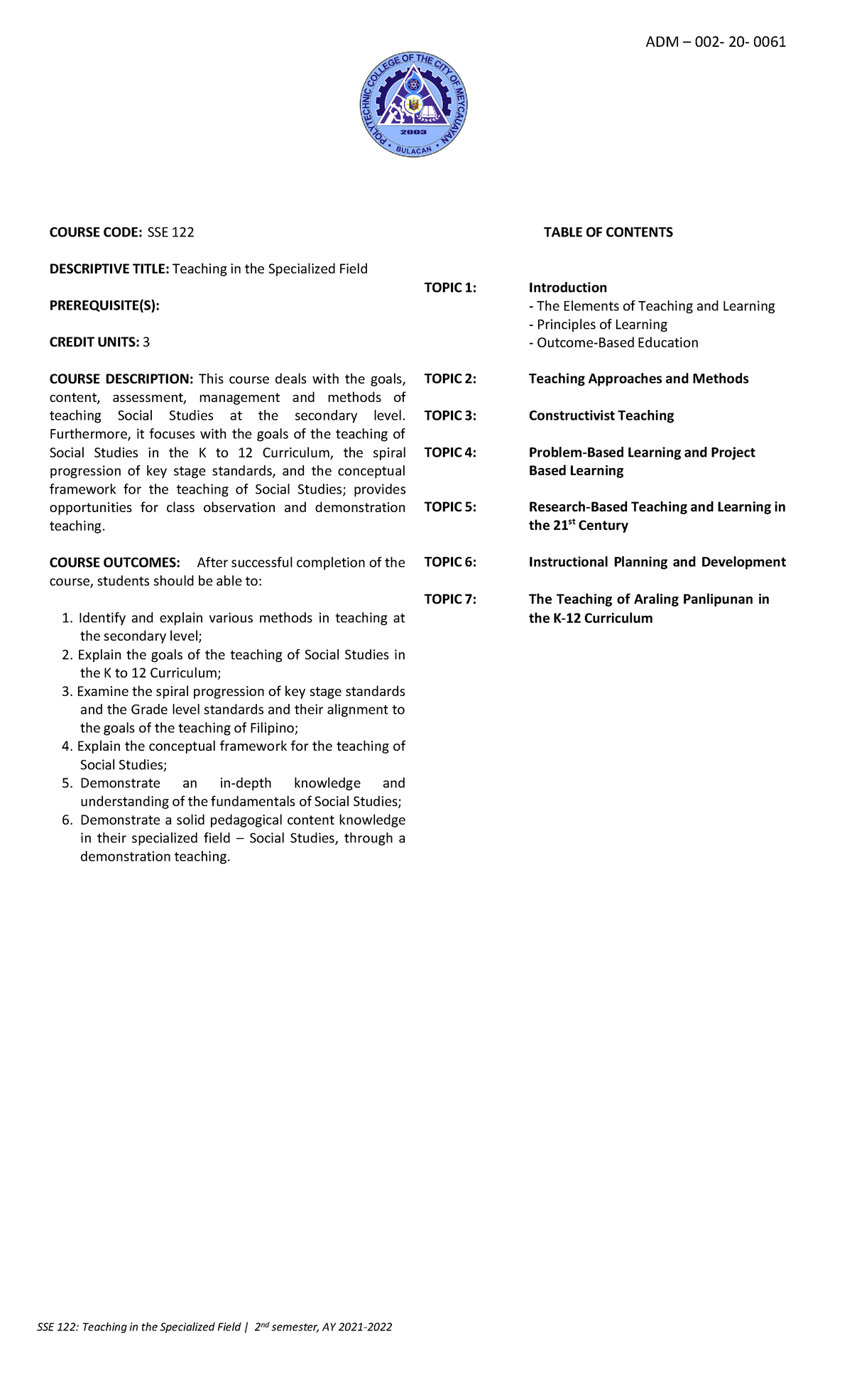 SSE 122: Teaching Approaches and Methods in Specialized Field - Studocu