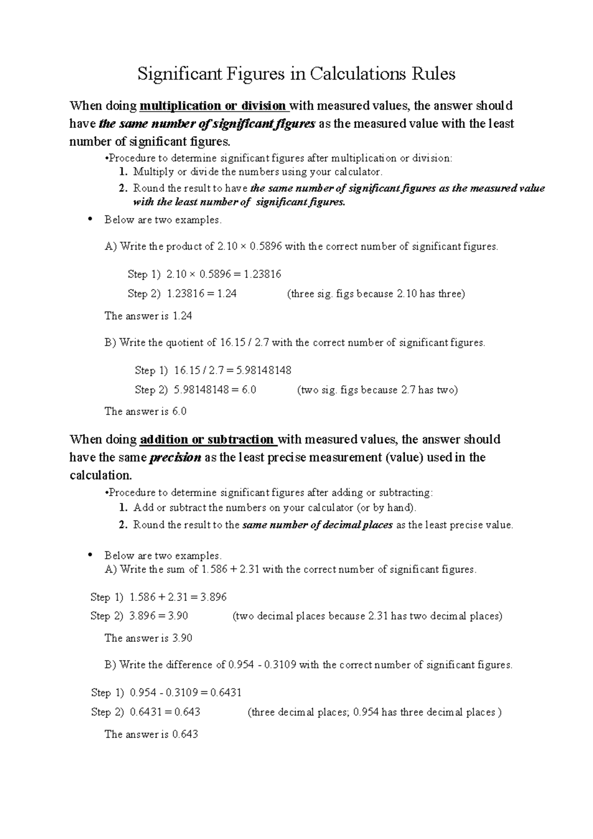 Significant Figures in Calculations: Rules and Procedures - Studocu