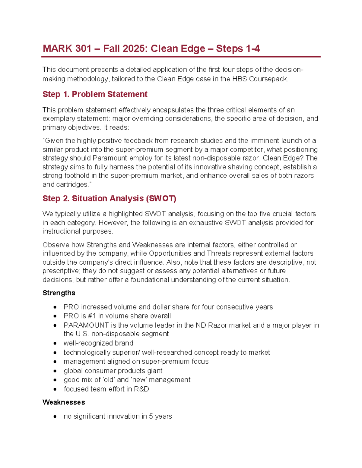 MARK 301 Fall 2025: Clean Edge Case Study Steps 1-4 Analysis - Studocu