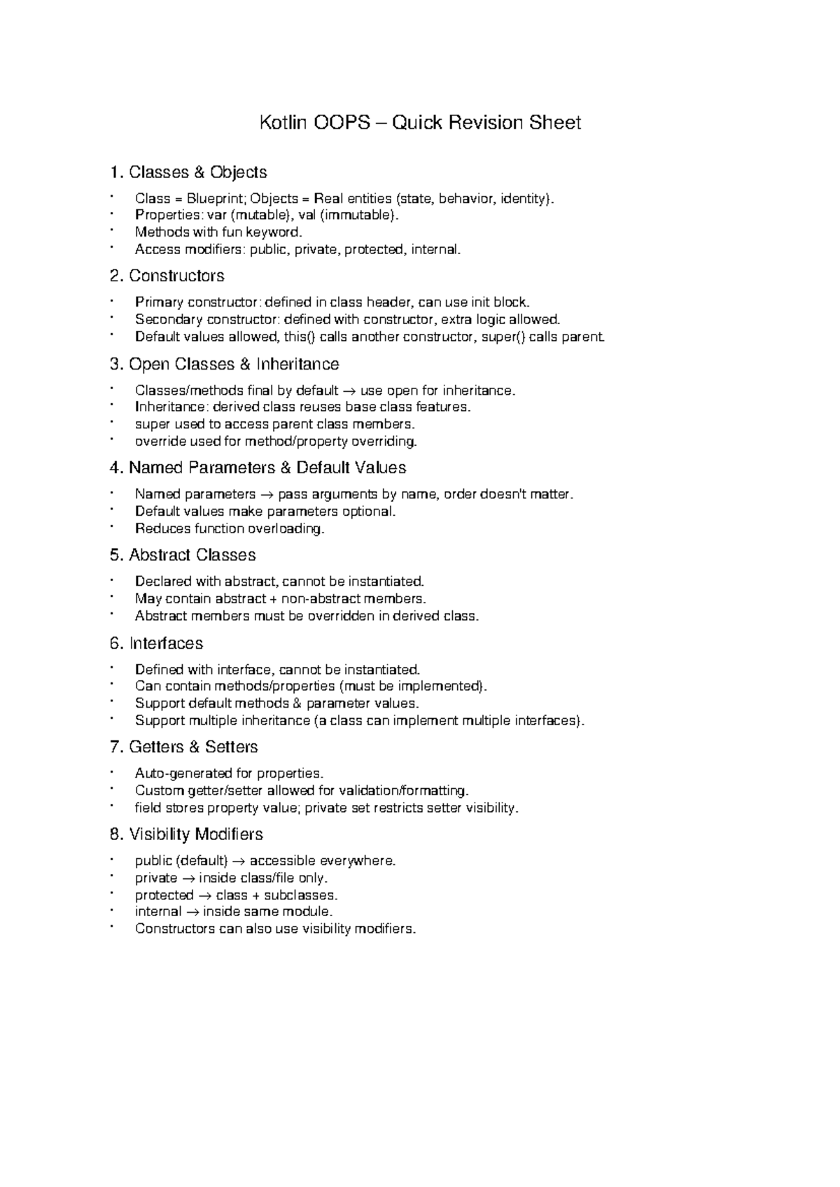 Kotlin OOPS Quick Revision Sheet: Classes, Inheritance & More - Studocu