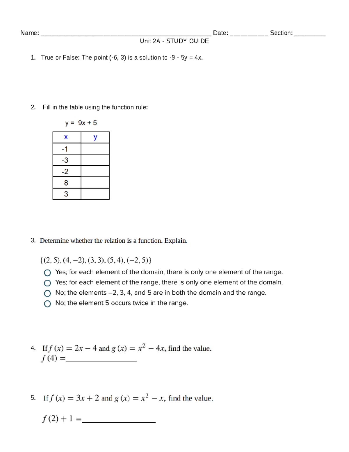 Unit 2A - Study Guide for Functions and Relations Concepts - Studocu