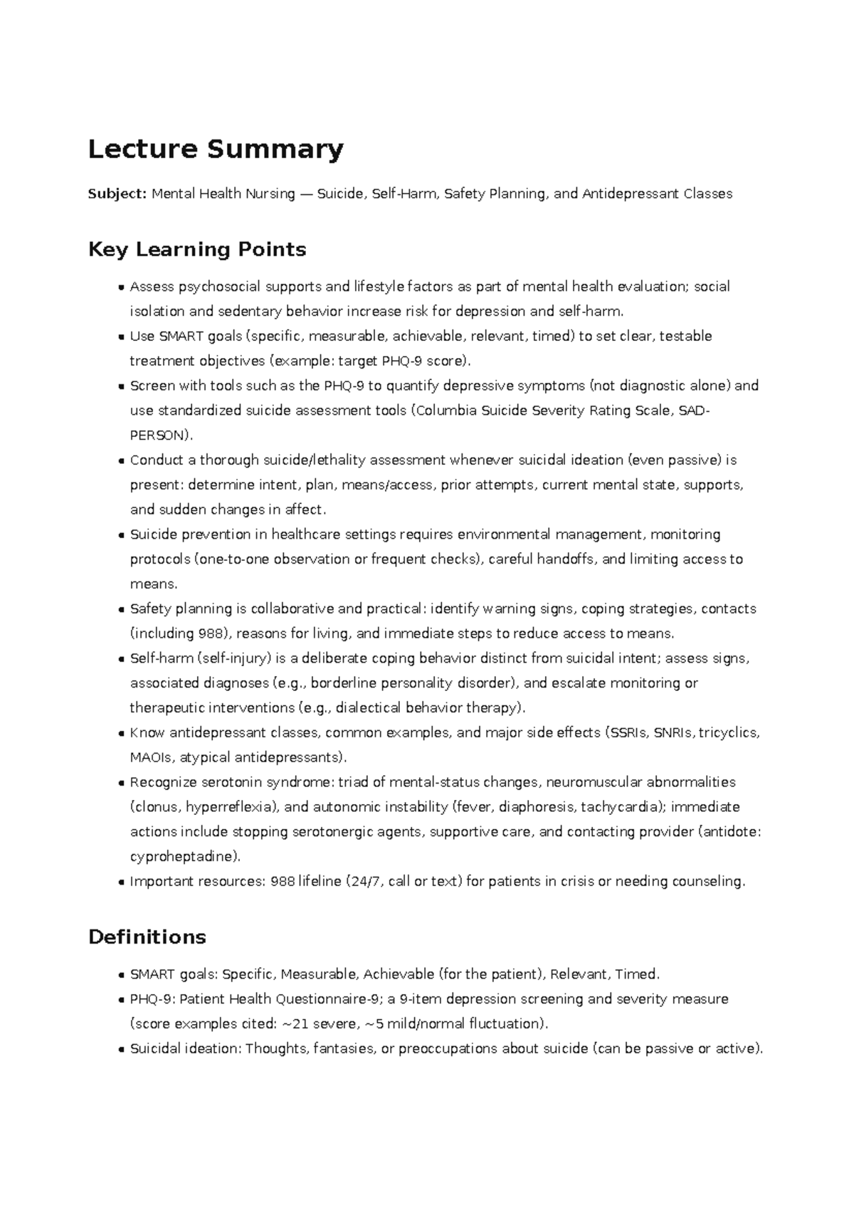 Lecture Summary: Mental Health Nursing - Suicide and Safety Planning ...
