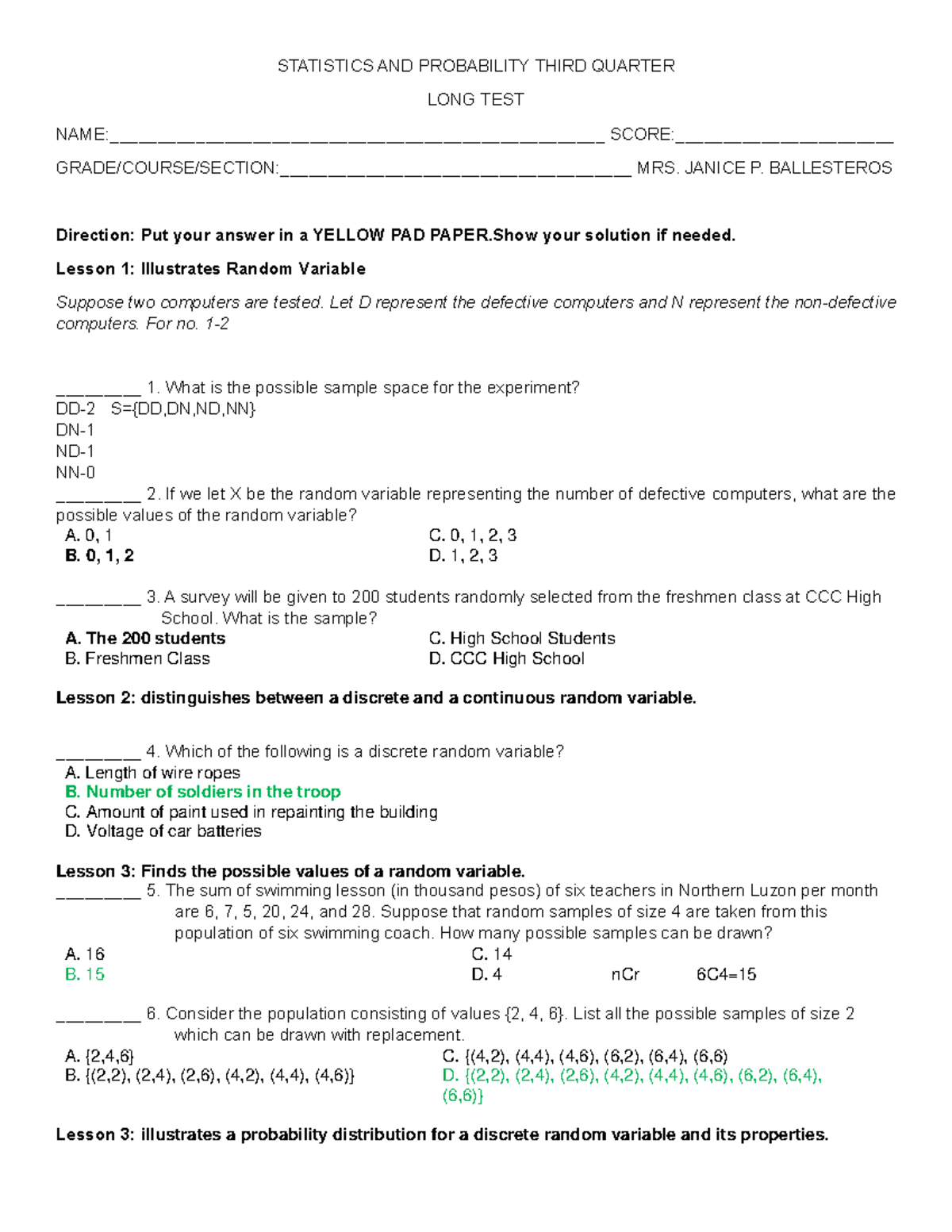 Statistics and Probability 3rd Quarter Long Test Reviewer - Studocu