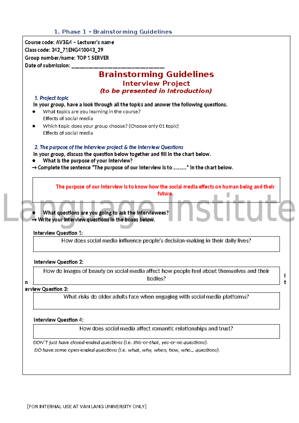 Phase 1 Brainstorming Guidelines: Interview Project (ENG410043) - Studocu