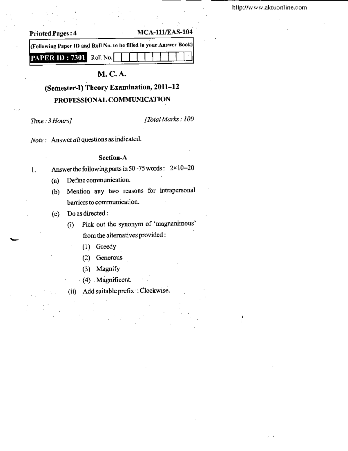 Mca 1 sem professional communication mca 111 2012 - PrintedPages:4 MCA ...