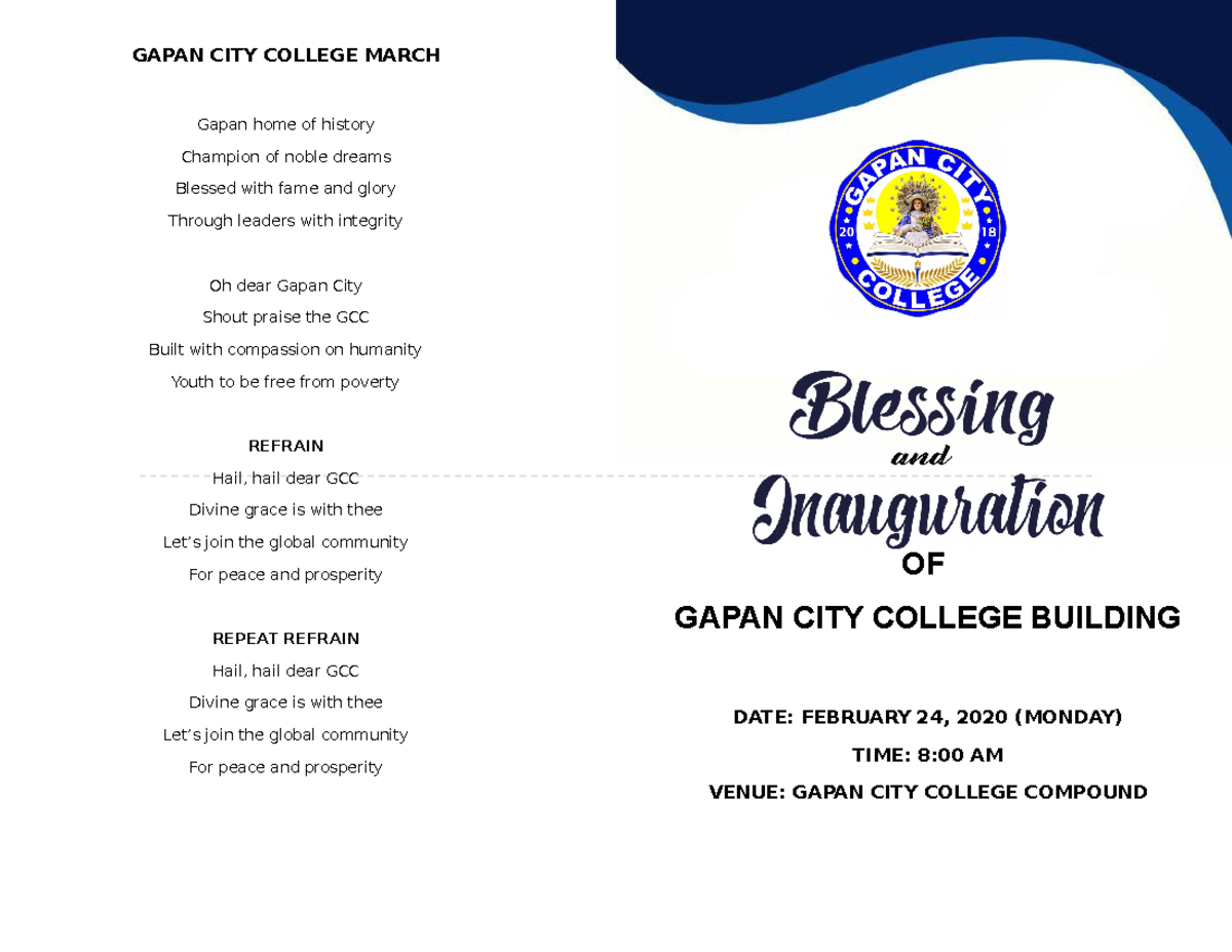 GCC Building Blessing Ceremony Program - Feb 24, 2020 - Studocu