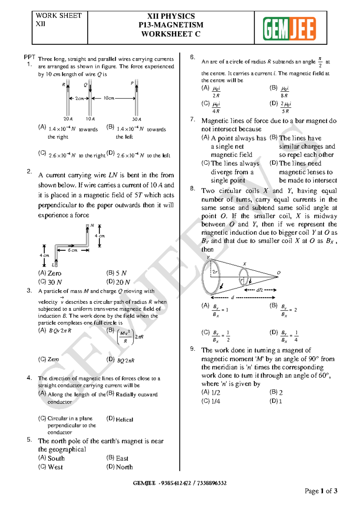 1818-12 PHY P13 Magnetism C 30Q-1 - WORK SHEET XII XII PHYSICS P13 ...
