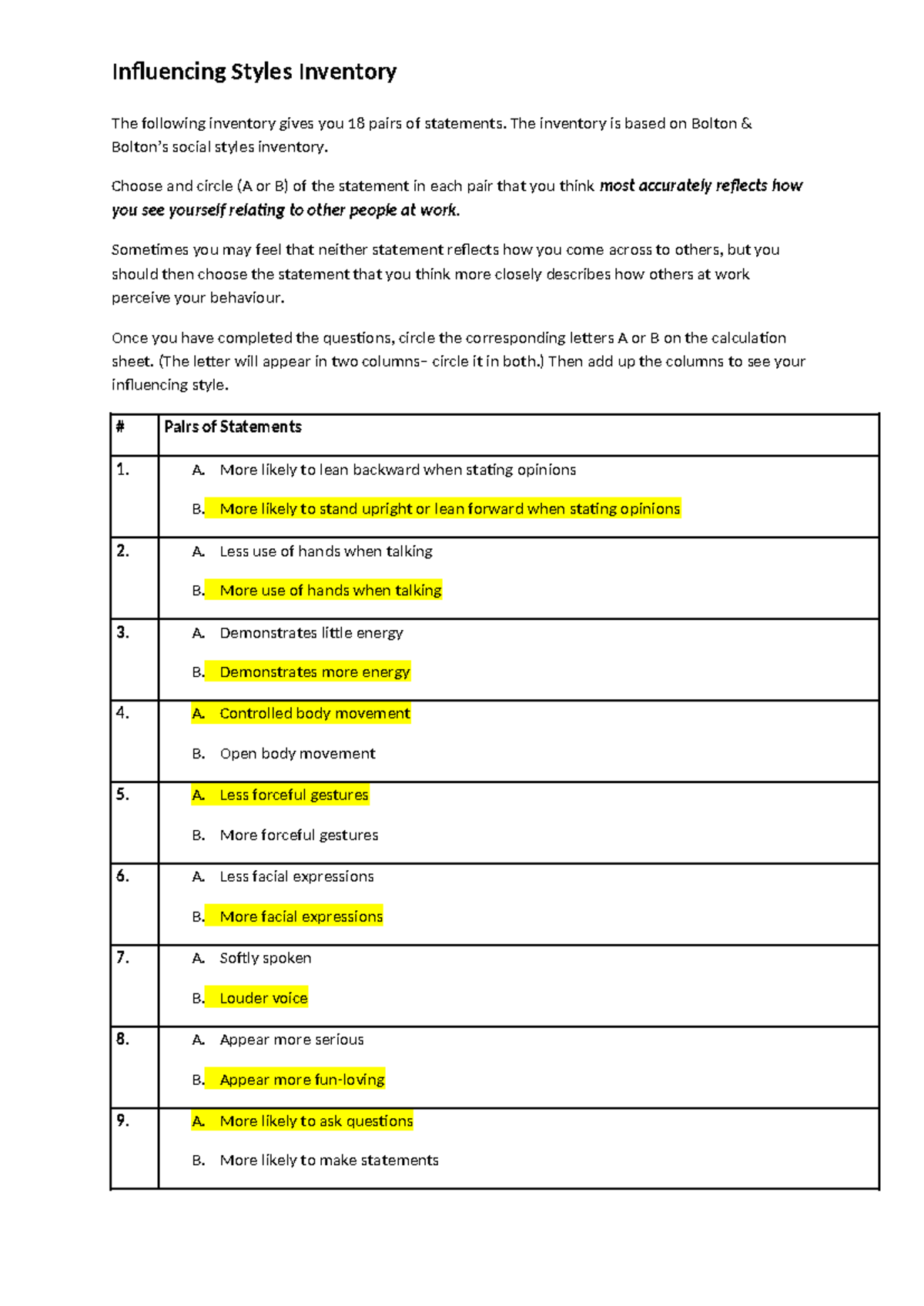 Influencing Styles Inventory: Evaluating Social Styles at Work - Studocu