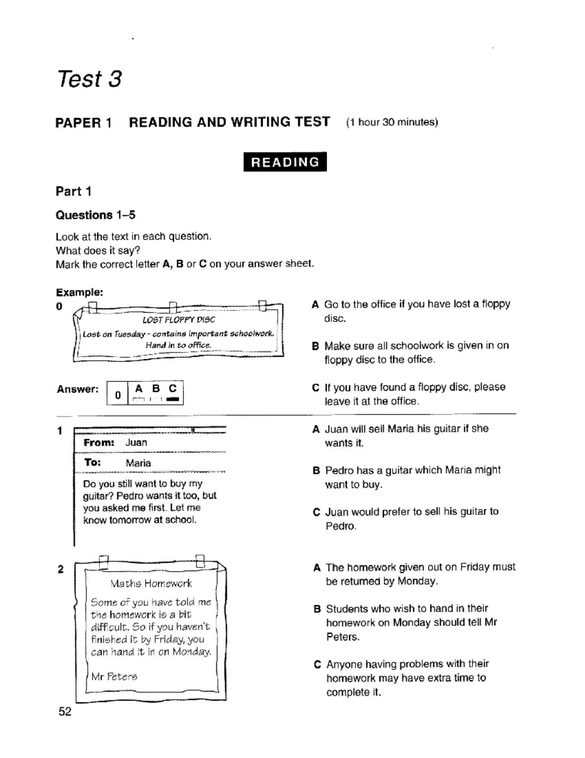 TEST 3-P1-B1 - Reading and Writing Test Overview and Questions - Studocu