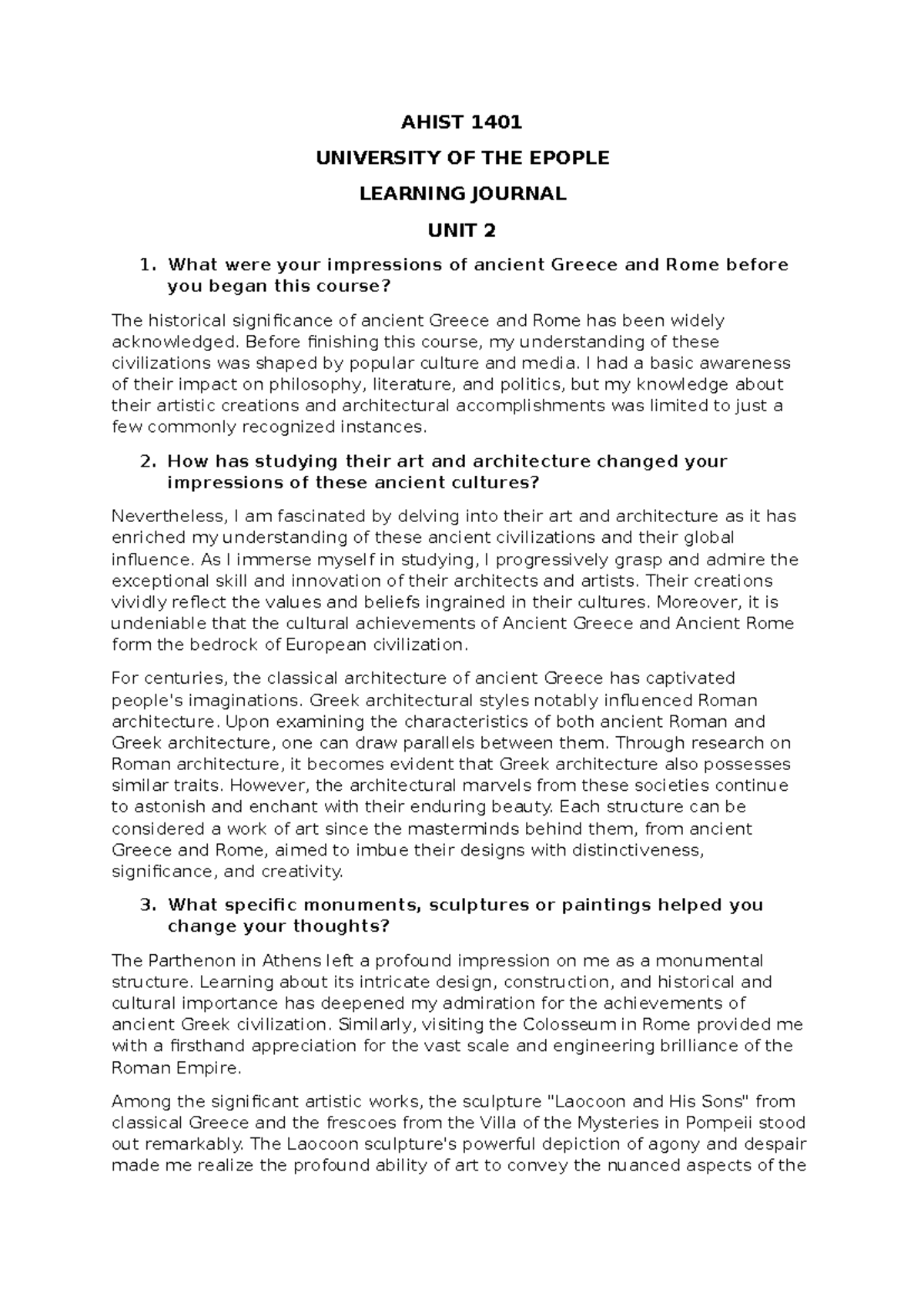 Unit 2 - Learning Journal - AHIST 1401 UNIVERSITY OF THE EPOPLE ...