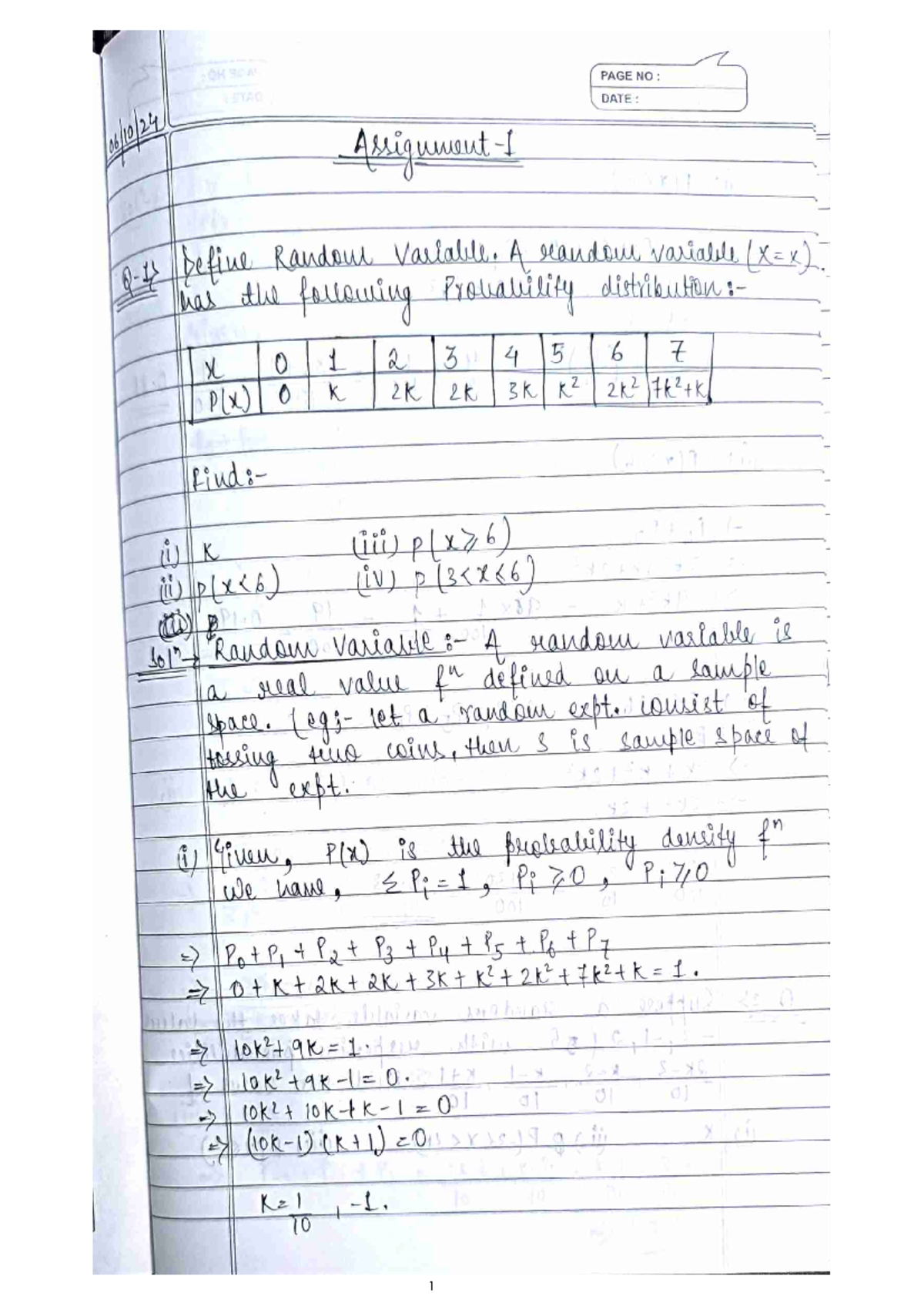 Maths Assignment 1 - PAGE NO: DATE: Assignment Define Randow Variable ...