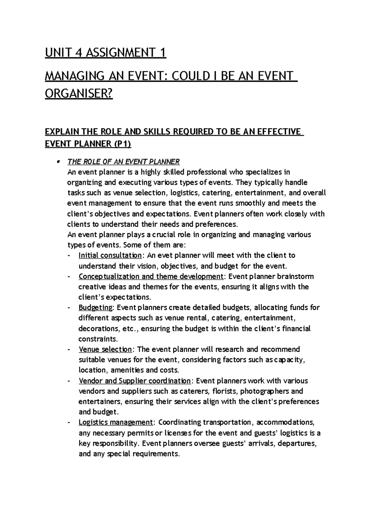 UNIT 4 Assiginment 1 - This work gained a distinction. Covers all ...